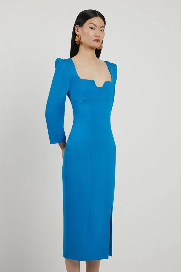 Italian Structured Stretch Sweetheart Neck Split Front Midaxi Dress Blue Women Karen Millen Dresses