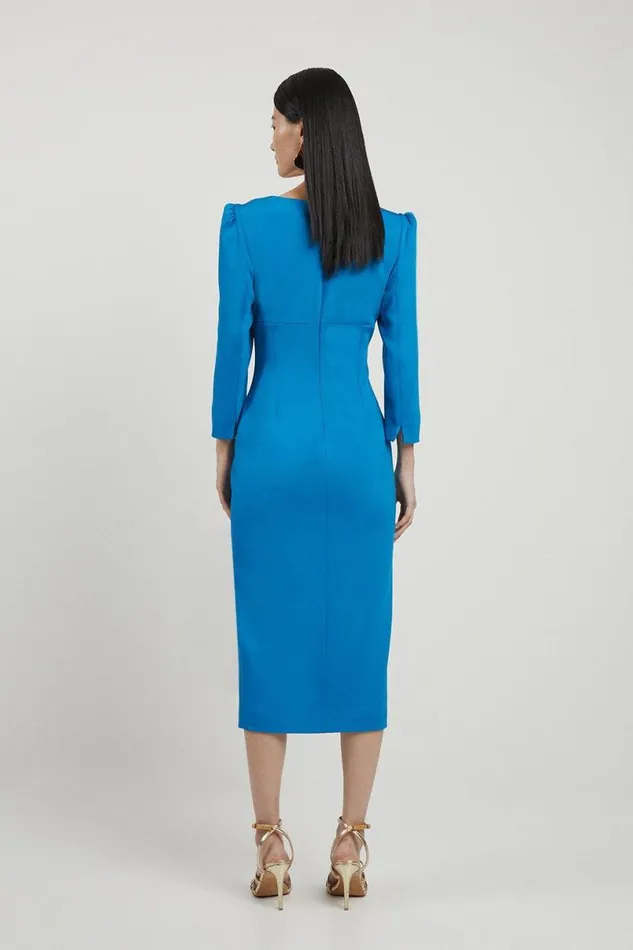 Italian Structured Stretch Sweetheart Neck Split Front Midaxi Dress Blue Women Karen Millen Dresses