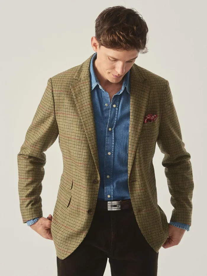 JMcLaughlin Jackets and Outerwear Men Suffolk Wool Sport Coat In Plaid Browngreenredmustard