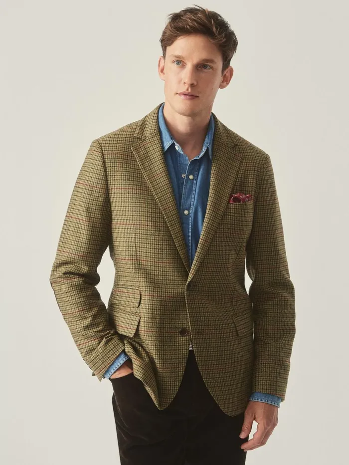 JMcLaughlin Jackets and Outerwear Men Suffolk Wool Sport Coat In Plaid Browngreenredmustard