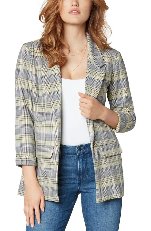Jackets Women Liverpool Los Angeles Boyfriend Blazer With Princess Dart Pattern Knit Yellow Black White Glen Plaid