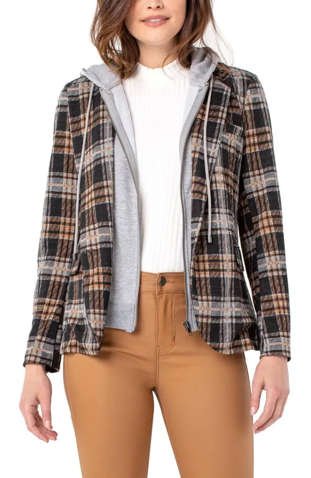 Jackets Women Liverpool Los Angeles Boyfriend Blazer With Removable Hood Grey Rust Black Tartan Plaid