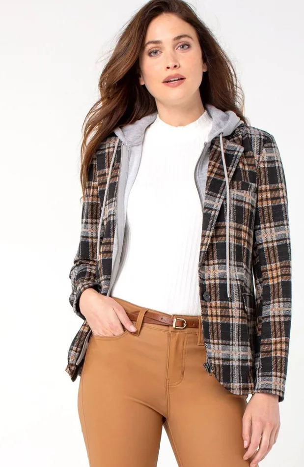 Jackets Women Liverpool Los Angeles Boyfriend Blazer With Removable Hood Grey Rust Black Tartan Plaid