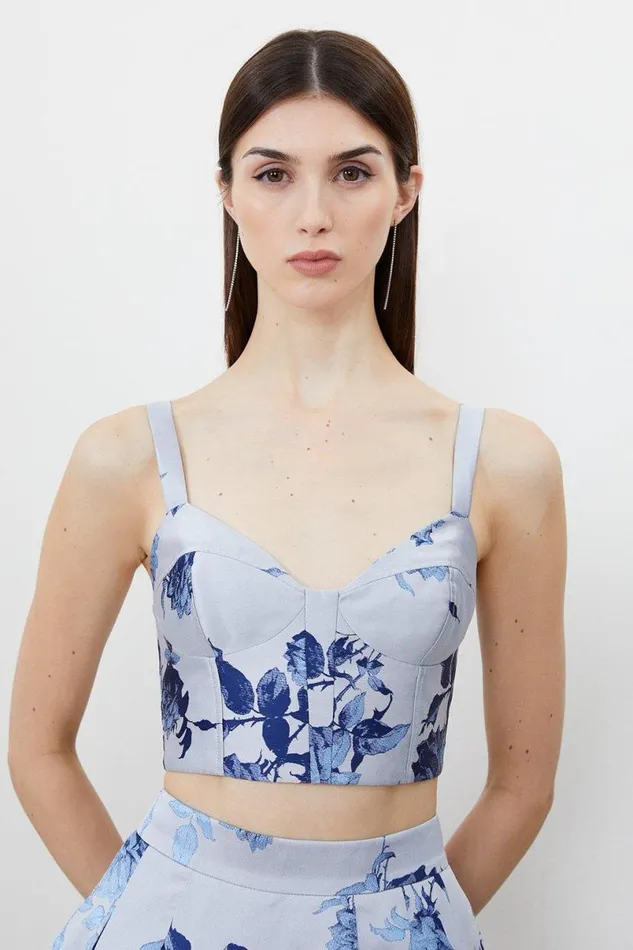 Jacquard Bodice Woven Top Blue Women Karen Millen Tops