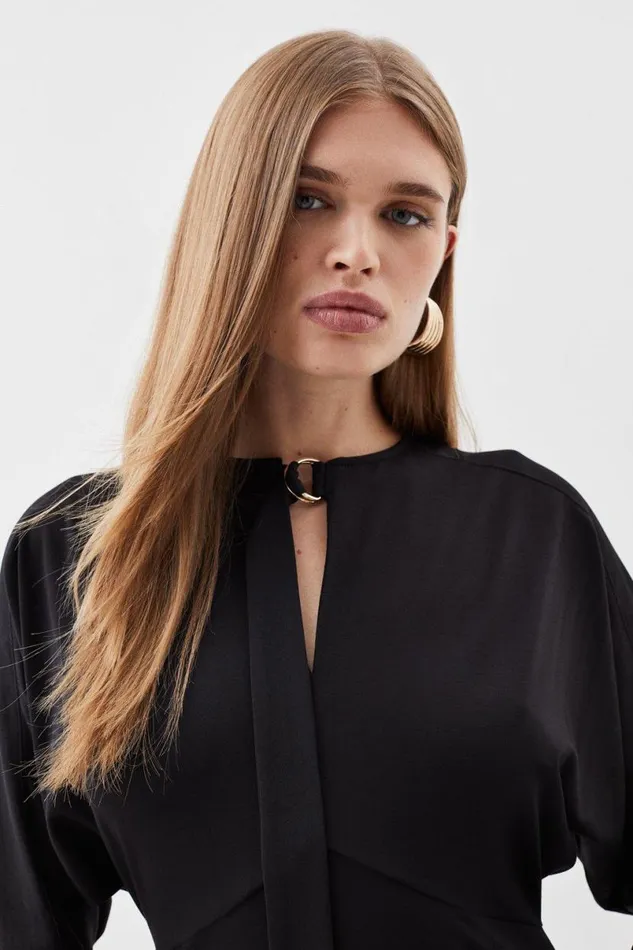 Jersey And Georgette Mix Keyhole Long Sleeve Maxi Dress Black Women Karen Millen Dresses
