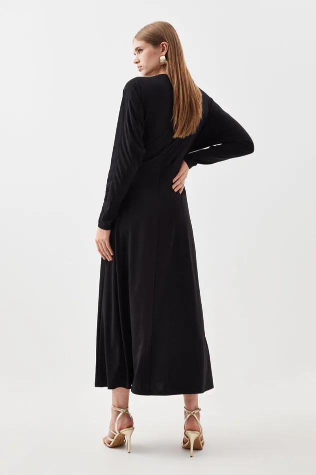 Jersey And Georgette Mix Keyhole Long Sleeve Maxi Dress Black Women Karen Millen Dresses