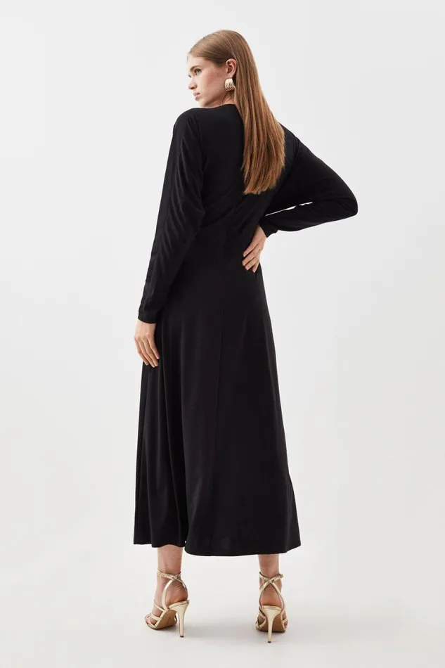 Jersey And Georgette Mix Keyhole Long Sleeve Maxi Dress Black Women Karen Millen Dresses