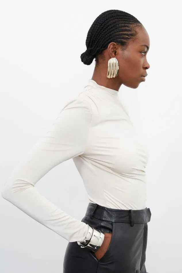 Jersey Crepe High Neck Bodysuit Oyster Women Karen Millen Tops