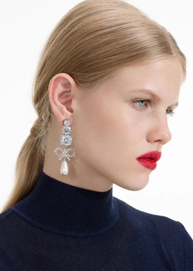 Jewellery Women Self Portrait Crystal Bow Pearl Earrings