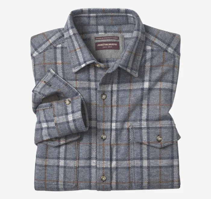 JohnstonandMurphy Shirts Brushed ButtonFront Knit Blue Windowpane Plaid 8211 Men