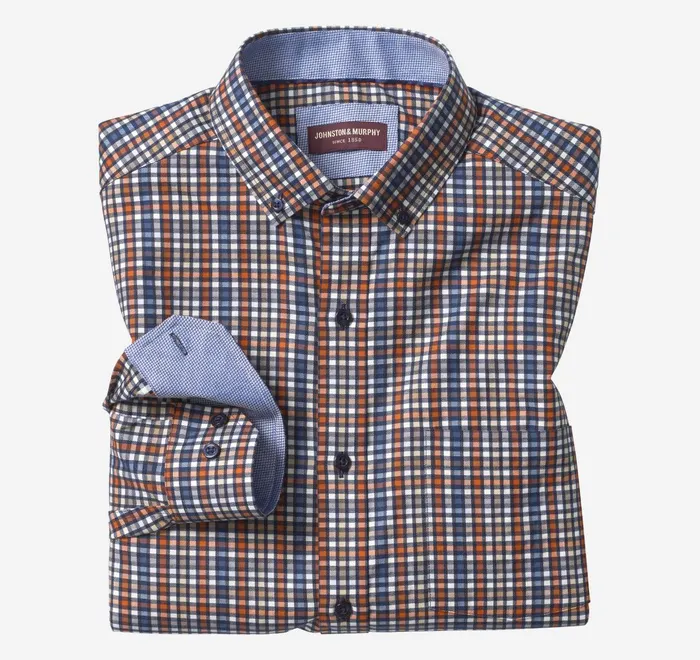 JohnstonandMurphy Shirts LongSleeve Twill Checked Shirt Rustblue Outlined Check 8211 Men