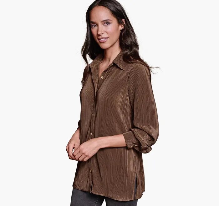 JohnstonandMurphy Shirts Sweaters and Blazers Pleated ButtonFront Shirt Brown 8211 Women JohnstonandMurphy Shirts Sweaters and Blazers Pleated ButtonFront Shirt Brown 8211 Women