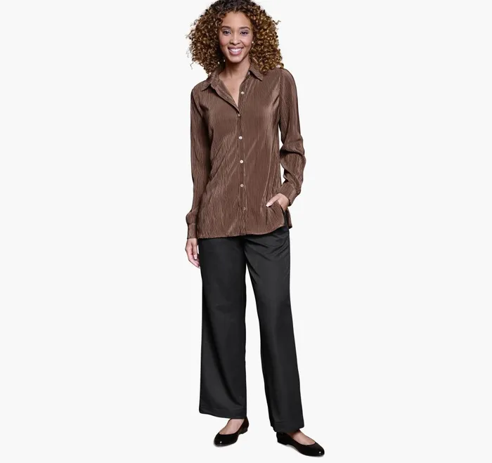 JohnstonandMurphy Shirts Sweaters and Blazers Pleated ButtonFront Shirt Brown 8211 Women JohnstonandMurphy Shirts Sweaters and Blazers Pleated ButtonFront Shirt Brown 8211 Women