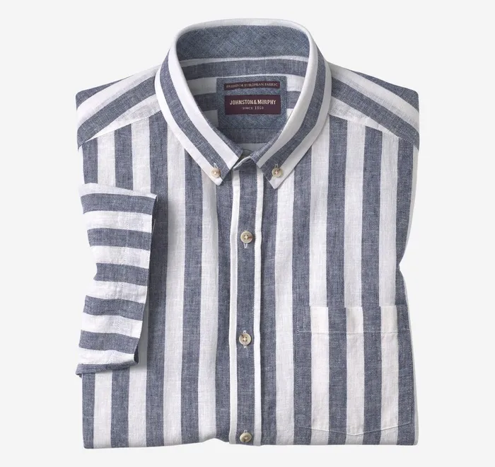 JohnstonandMurphy ShortSleeve Shirts Stripe LinenBlend Shirt Navy Stripe 8211 Men