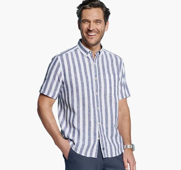 JohnstonandMurphy ShortSleeve Shirts Stripe LinenBlend Shirt Navy Stripe 8211 Men JohnstonandMurphy ShortSleeve Shirts Stripe LinenBlend Shirt Navy Stripe 8211 Men