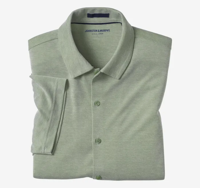 JohnstonandMurphy ShortSleeve Shirts Vintage Birdseye ButtonFront Shirt Green 8211 Men