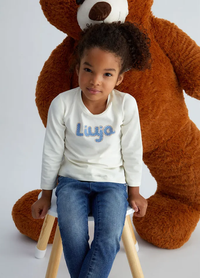 Kids Liujo Topwear TShirt With Logo And Gemstones White