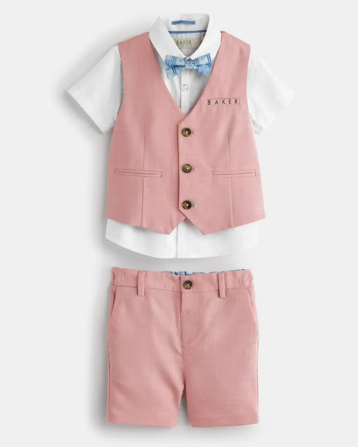 Kids NELU 8211 Branded Waistcoat Shorts And Shirt Set Pink Ted Baker Tops