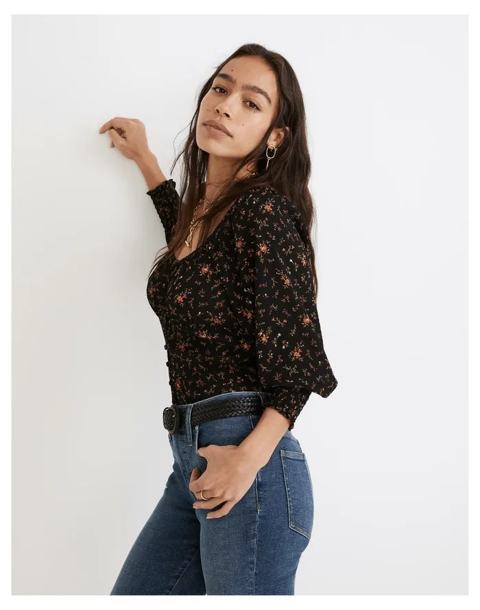 Kirstie Sweetheart Top In Fresh Sprigs True Black Women Madewell Tops and Shirts
