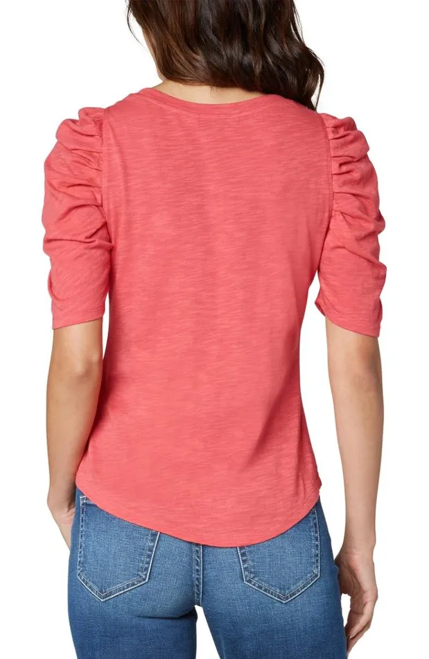 Knit Tops Women Liverpool Los Angeles Gathered Short Sleeve Knit Tee Hot Coral