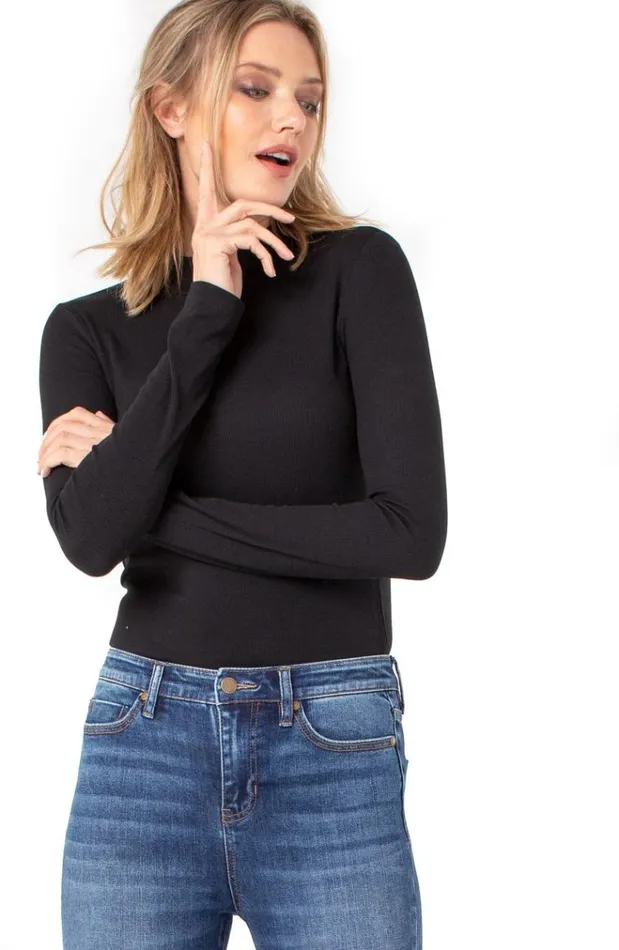 Knit Tops Women Liverpool Los Angeles Mock Neck Long Sleeve Rib Knit Tee Black