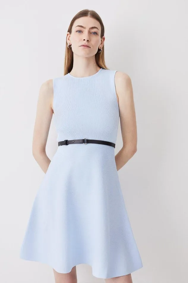 Knitted Rib Skater Mini Dress Blue Women Karen Millen Dresses