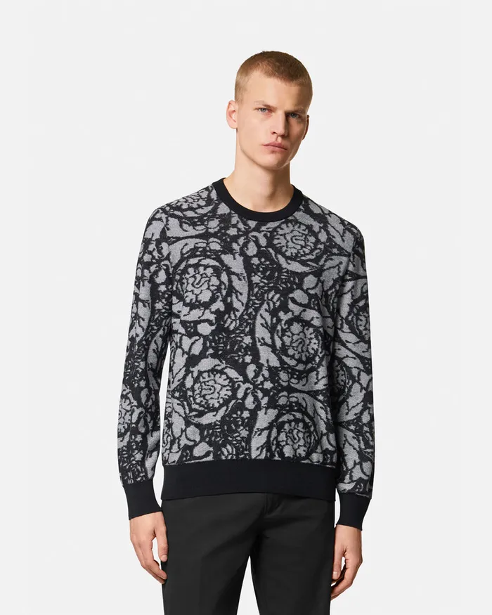 Knitwear Men Versace Barocco Silhouette Vanis Sweater Blacksilver