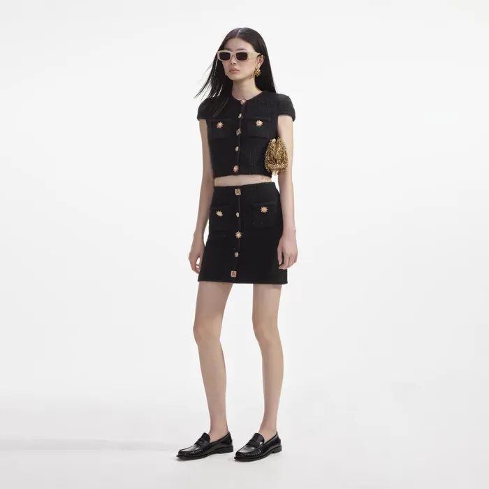Knitwear Women Self Portrait Black Jewel Button Knit Mini Skirt