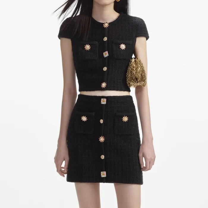 Knitwear Women Self Portrait Black Jewel Button Knit Mini Skirt