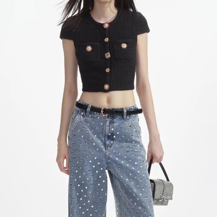 Knitwear Women Self Portrait Black Jewel Button Knit Top