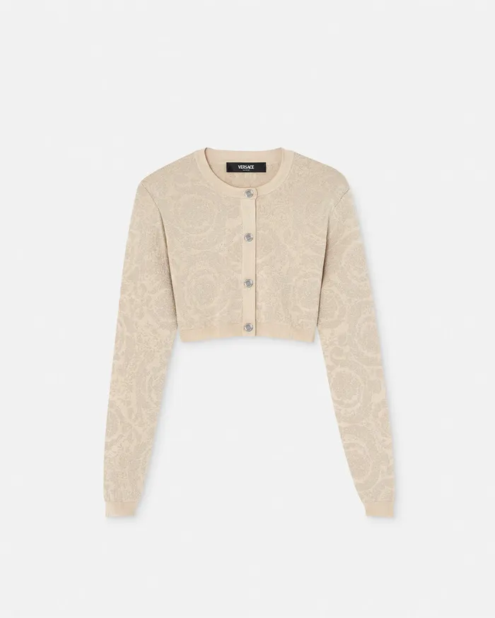 Knitwear Women Versace Barocco Lurex Crop Knit Cardigan Beige