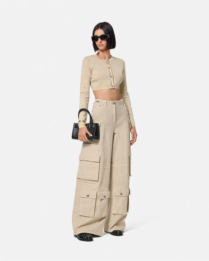 Knitwear Women Versace Barocco Lurex Crop Knit Cardigan Beige