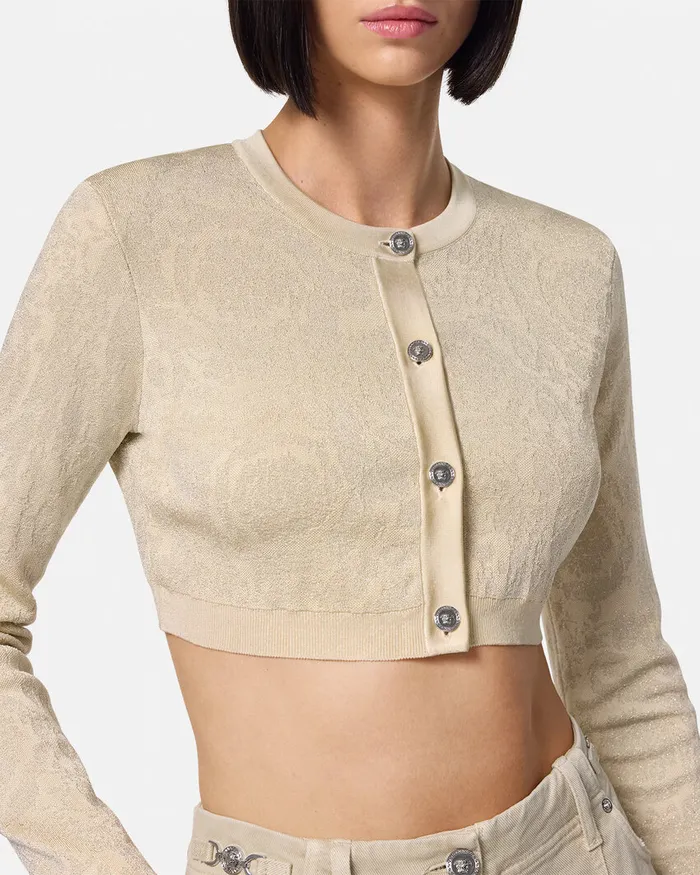 Knitwear Women Versace Barocco Lurex Crop Knit Cardigan Beige