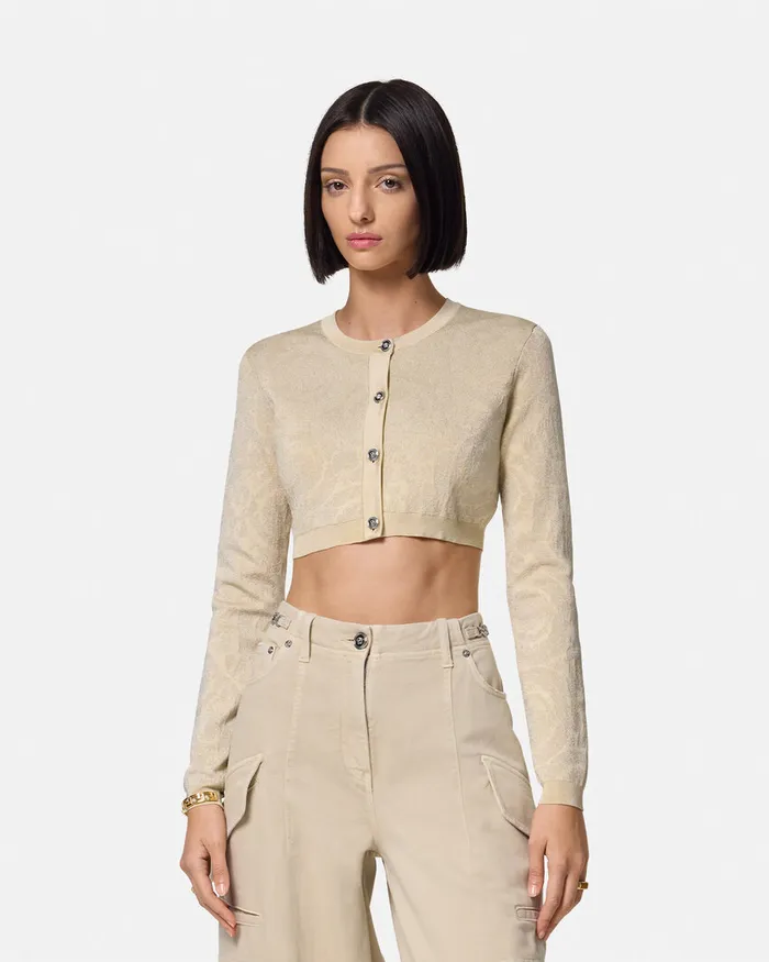 Knitwear Women Versace Barocco Lurex Crop Knit Cardigan Beige