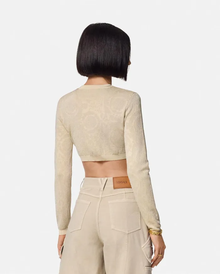 Knitwear Women Versace Barocco Lurex Crop Knit Cardigan Beige