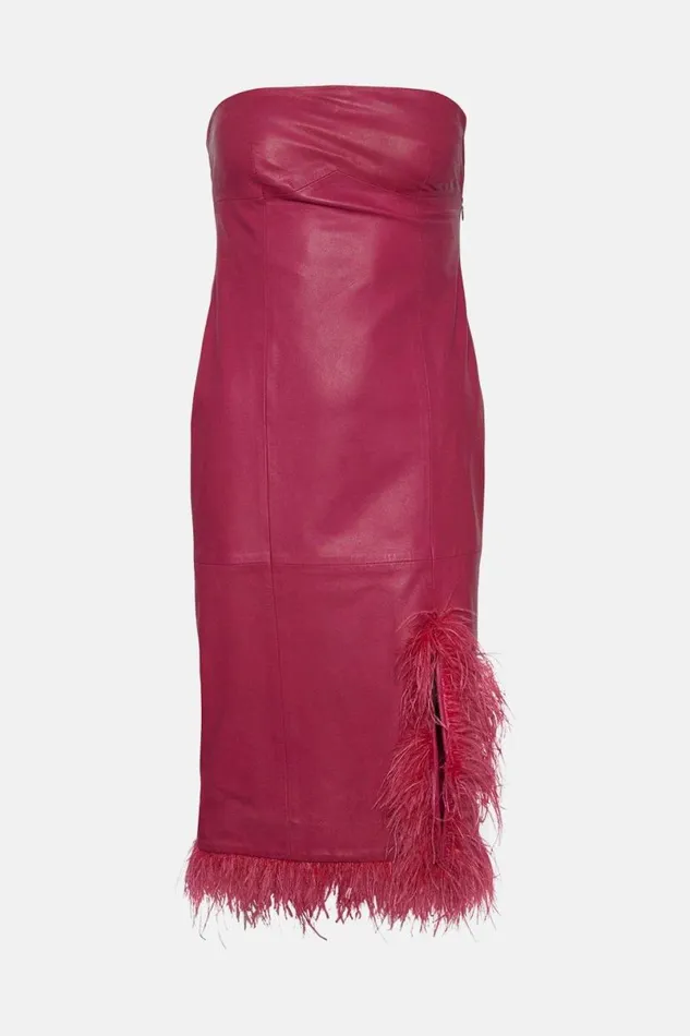 Leather Feather Detail Bandeau Pencil Midi Dress Hot Pink Women Karen Millen Dresses