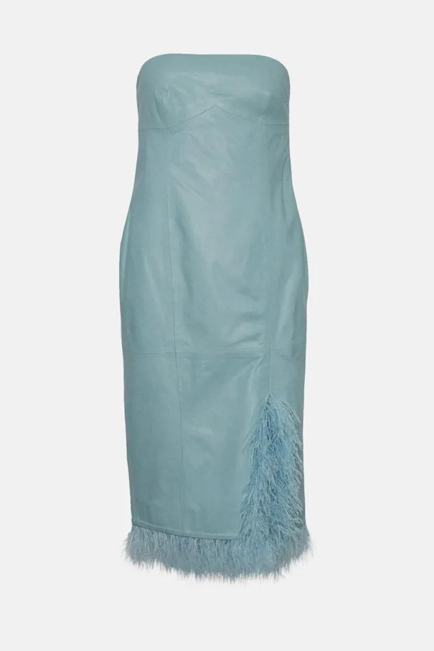 Leather Feather Detail Bandeau Pencil Midi Dress Ice Blue Women Karen Millen Dresses