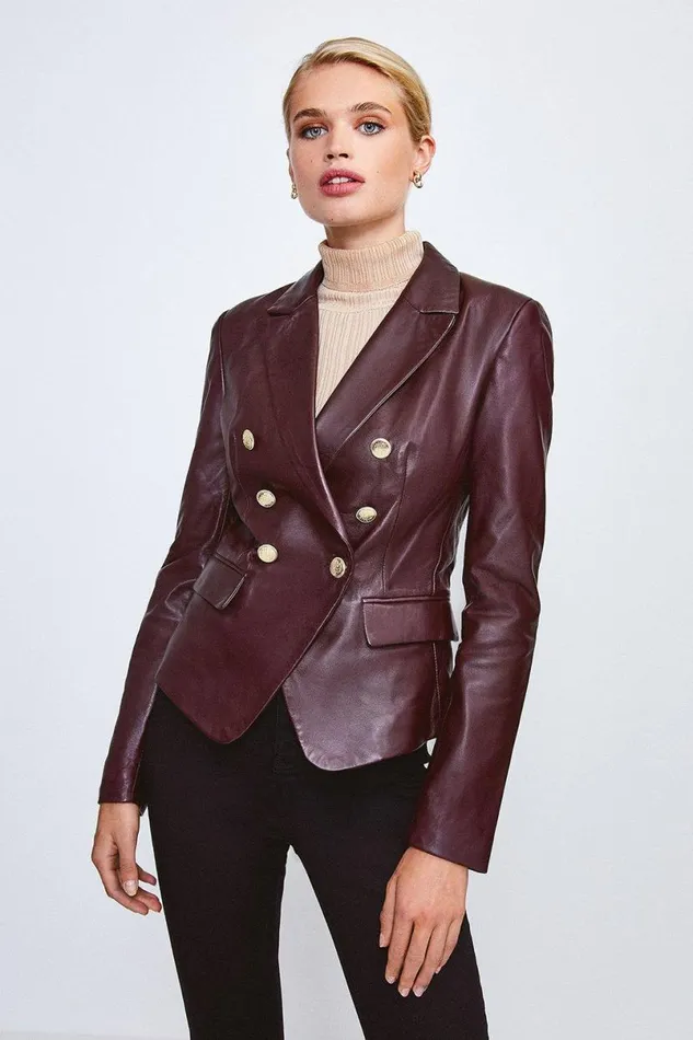Leather Gold Button Blazer Fig Women Karen Millen Coats and Jackets