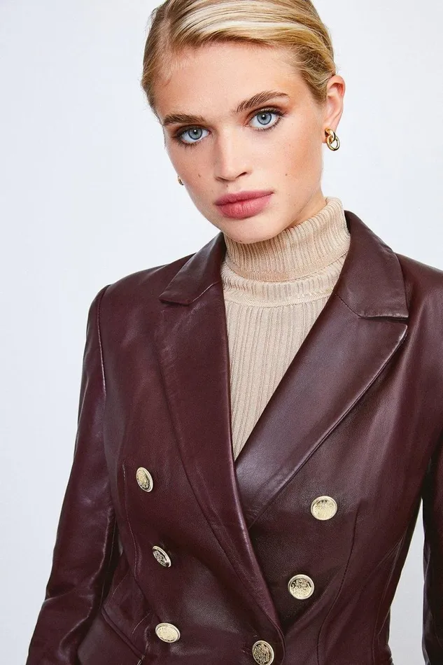 Leather Gold Button Blazer Fig Women Karen Millen Coats and Jackets