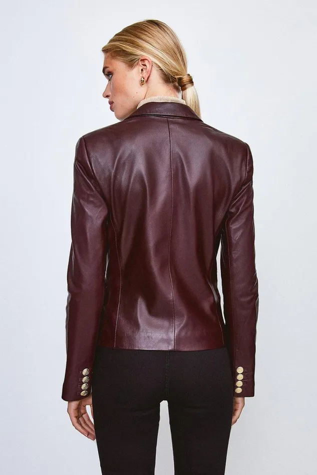 Leather Gold Button Blazer Fig Women Karen Millen Coats and Jackets