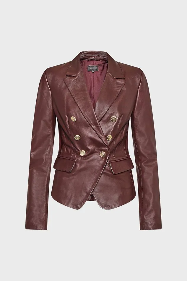 Leather Gold Button Blazer Fig Women Karen Millen Coats and Jackets