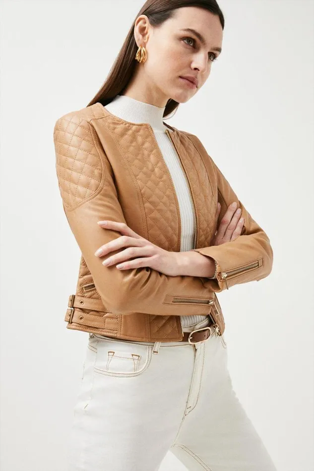 Leather Quilted Biker Jacket Tan Women Karen Millen Coats and Jackets