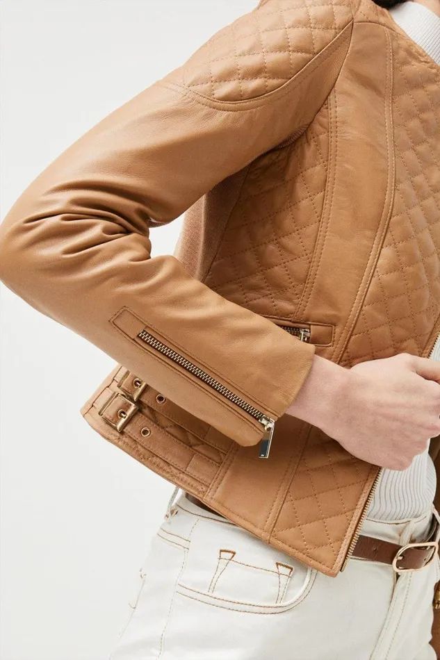 Leather Quilted Biker Jacket Tan Women Karen Millen Coats and Jackets