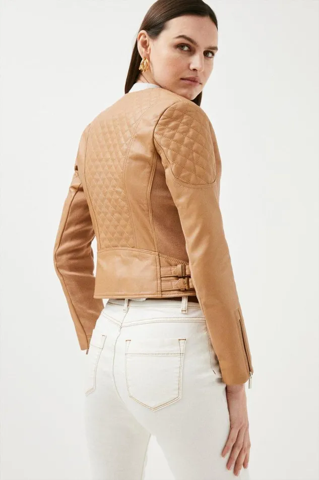 Leather Quilted Biker Jacket Tan Women Karen Millen Coats and Jackets