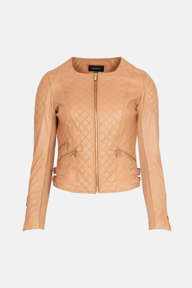Leather Quilted Biker Jacket Tan Women Karen Millen Coats and Jackets