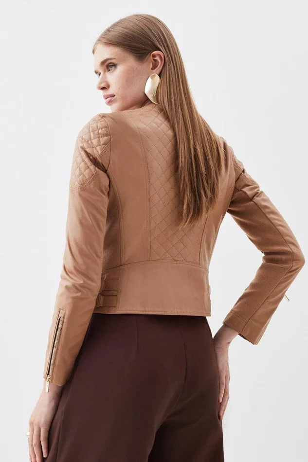 Leather Quilted Biker Jacket Tan Women Karen Millen Coats and Jackets