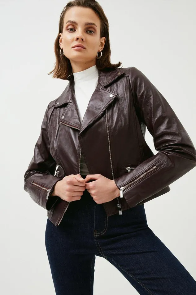 Leather Signature Biker Jacket Fig Women Karen Millen Coats and Jackets