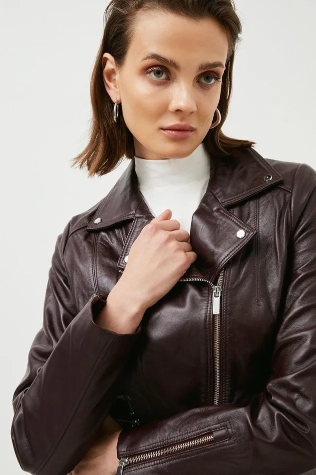 Leather Signature Biker Jacket Fig Women Karen Millen Coats and Jackets