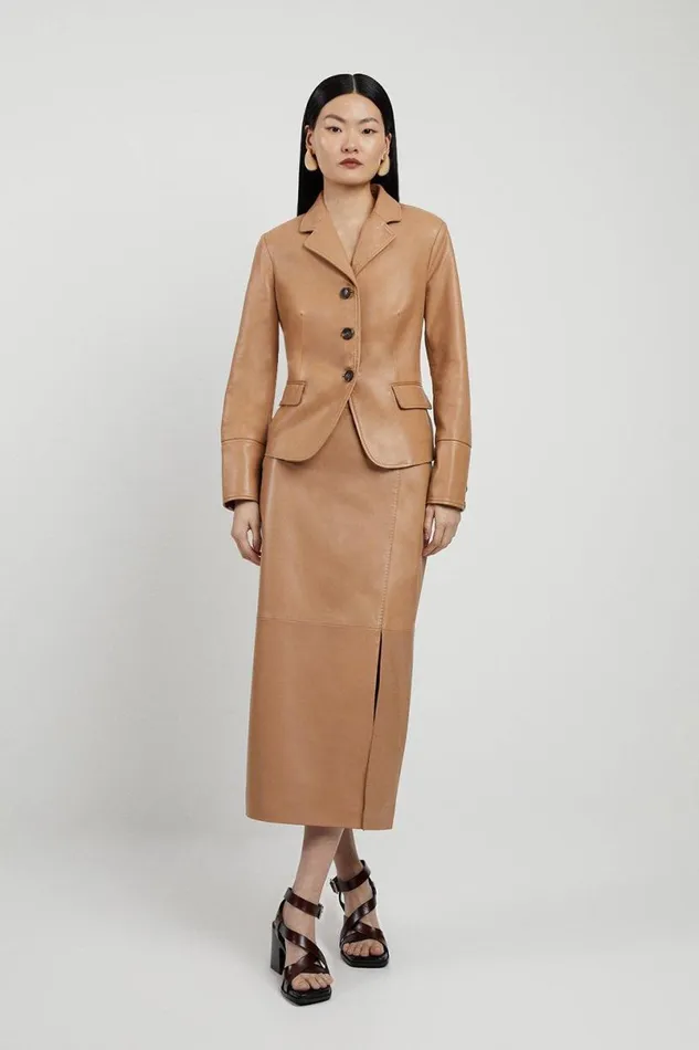 Leather Single Breasted Tailored Blazer Tan Women Karen Millen Coats and Jackets