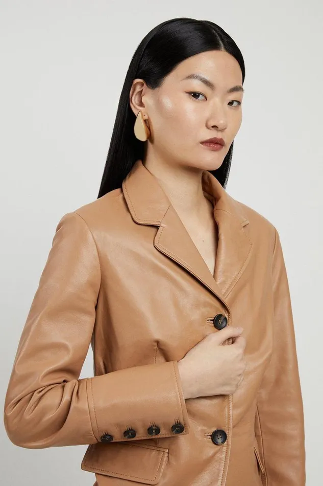 Leather Single Breasted Tailored Blazer Tan Women Karen Millen Coats and Jackets